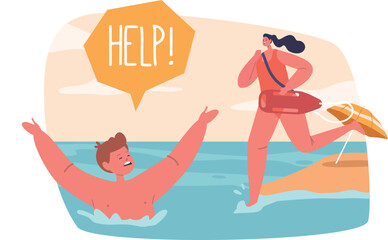 Rescuer throwing lifebuoy drowning child