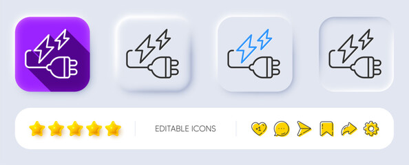 Electricity plug line icon. Neumorphic, Flat shadow, 3d buttons. Energy type for battery sign. Lightning bolt symbol. Line electricity plug icon. Social media icons. Vector