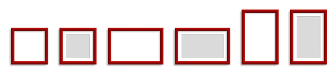 Set of five red photo frames in different sizes and orientations with shadows, isolated on white background, empty and with gray placeholders.