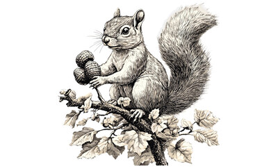 Obraz premium Rustic Woodland Animal Art, Hand-etched Squirrel with Acorns, Black Sketch Effect, Vintage Engraving Style, Fall Forest Decor, Detailed Nature Illustration, forest wildlife print