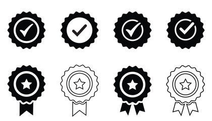 Certified Medal Icons Set – Vector Badges with Check Mark, Approval, Award, and Quality Guarantee