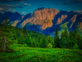 View on Lienzer Dolomiten mountains in the Osttirol region on a summer late afternoon