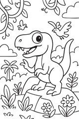 Fototapeta premium Cute Cartoon Dinosaurs in Prehistoric Landscape for Coloring Book
