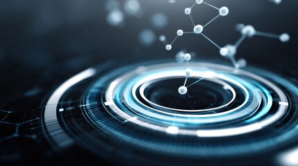 Fototapeta premium Futuristic digital interface with molecular structures, glowing rings, and technology-inspired graphics on a dark background.