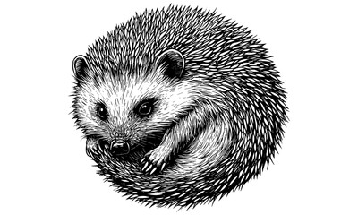 Vintage Hedgehog Illustration, Curled Ball Pose, Black Sketch Effect, Old Engraving Style, Rustic Wildlife Art, Antique Nature Drawing, Forest Animal Print, Classic Hand-drawn Art