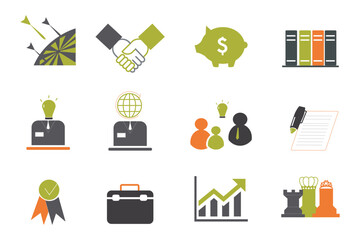 collection of twelve flat, stylized icons in shades of green, orange, and black, representing various business and conceptual ideas.