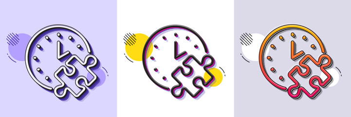Puzzle time line icon. Halftone dotted pattern. Gradient icon with grain shadow. Jigsaw piece with clock sign. Business challenge symbol. Line puzzle time icon. Various designs. Vector
