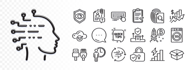 Artificial intelligence, Security lock and Security agency line icons for web app. Glare of light effect. Message icon. Pack of Waiting, Wind energy, Quick tips pictogram icons. Vector