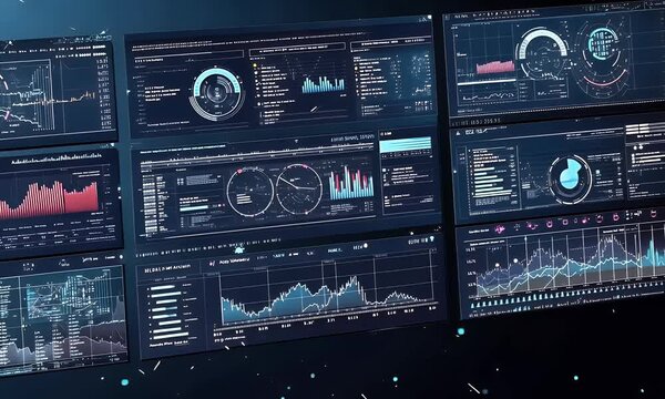 A futuristic dashboard displaying various graphs and data points, representing the advanced analytics capabilities of AI technology for financial experts. The dark blue background adds depth