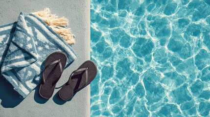 Naklejka premium Relaxing Poolside Essentials - Towel and Flip Flops by Pool