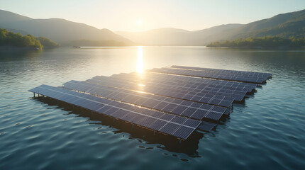 Obraz premium Floating solar farm on a serene lake, Ai generated image