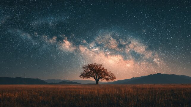 A stunning image of lone tree standing majestically in a serene field under a brilliant cosmic sky, symbolizing solitude and the vastness of nature.