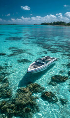 Fototapeta premium Luxury boat cruising in turquoise waters perfect getaway beautiful ocean scene tranquil landscape