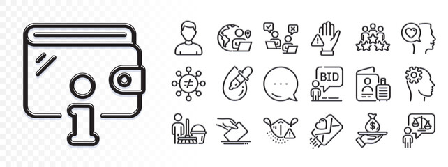 Cleaning, Passport and Discrimination line icons for web app. Glare of light effect. Message icon. Pack of Medical mask, Business meeting, Headshot pictogram icons. Vector