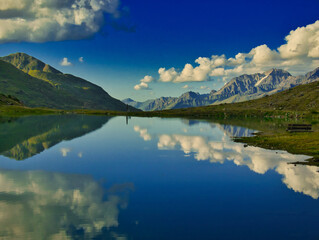 View on a Weissee lake in Kaunertal valley on a summer evening