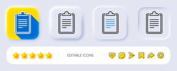 Clipboard document line icon. Neumorphic, Flat shadow, 3d buttons. Agreement file sign. Survey record symbol. Line clipboard icon. Social media icons. Vector