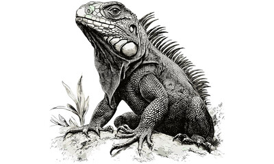 Vintage Reptile Line Art, Iguana Sitting, Monochrome Animal Drawing, Hand-etched Scientific Illustration, Tropical Animal Etching, Rustic Nature Print, Wildlife Wall Decor, old engraving style