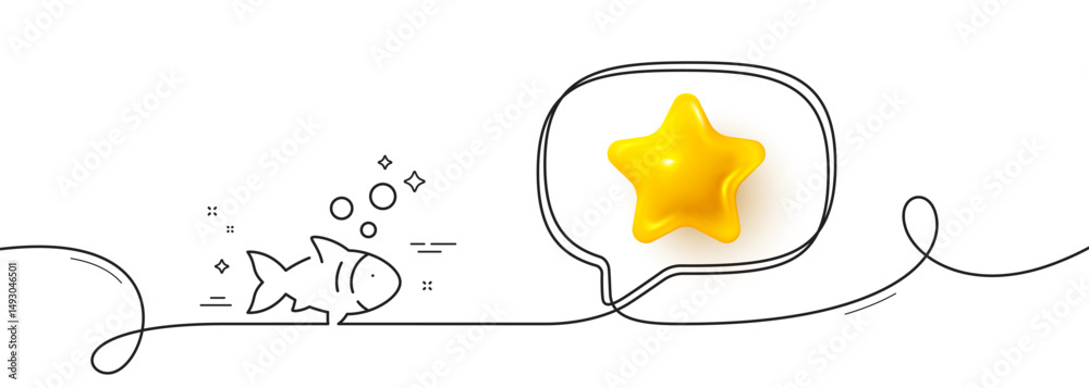 Poster fish line icon. continuous line with 3d star. fishing catch sign. fresh seafood symbol. 3d star in s