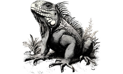 Hand-etched Scientific Illustration, Iguana Sitting, Vintage Reptile Line Art, Monochrome Animal Drawing, Tropical Animal Etching, Rustic Nature Print, Wildlife Wall Decor, old engraving style