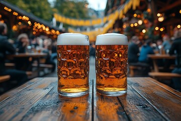 Two steins of beer at outdoor beer garden