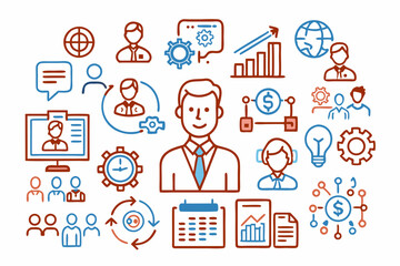 Flat vector illustration of a business social network concept with people icons and technology symbols for web and mobile communication