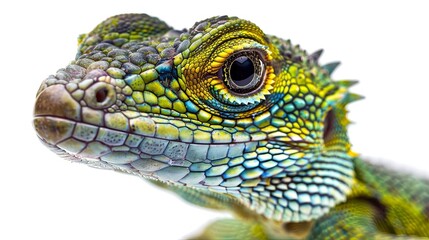 Fototapeta premium Close-up of the head of a haderia in bright green color on a white isolated background. Selective focus