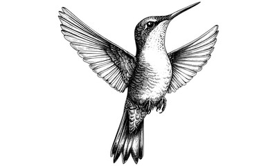 Obraz premium Intricate engraving hummingbird in flight, vintage ornithology line art, monochrome wildlife etching, detailed bird illustration, nature fauna sketch, old engraving style, classic art