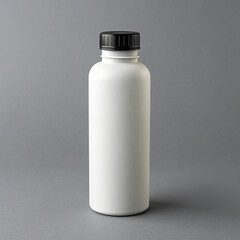 Plain White Aluminum Water Bottle with Black Cap on Minimal Gray Background,Minimalist image of a plain white bottle with a black cap placed against a light grey background.