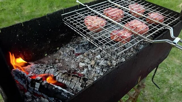 Burning dacha brazier. Summer barbecue in the nature. A sunny summer day.