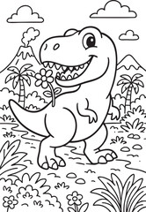 Obraz premium Cute Cartoon Dinosaurs in Prehistoric Landscape for Coloring Book