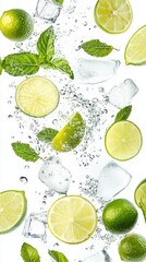 Fresh limes and lemons with mint and ice cubes falling in water on white background studio shot