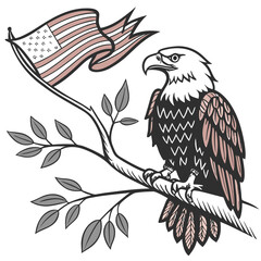 A powerful bald eagle perched on a branch with the American flag waving