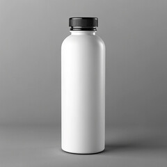 Plain White Aluminum Water Bottle with Black Cap on Minimal Gray Background,Minimalist image of a plain white bottle with a black cap placed against a light grey background.