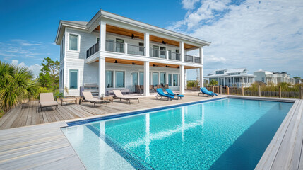 Fototapeta premium Luxurious coastal property: A breathtaking view of a modern beachfront property, complete with a pristine swimming pool. Capture the essence of luxury and tranquility.