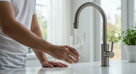 Person filling glass with clean filtered water from a modern kitchen faucet. Concept of healthy drinking, water purification, and sustainable lifestyle.