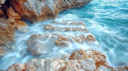 Dynamic long exposure of turquoise ocean waves crashing against a rugged, rocky shore, creating a misty, flowing water effect.