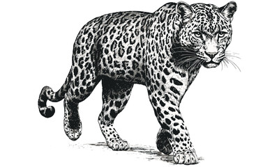 Wild Cat Vintage Engraving, Leopard Walking Stealthily, Monochrome Safari Art, Hand-etched Line Illustration, Rustic Wildlife Print, Nature Wall Decor, Black Sketch, old style, trendy, jungle art,
