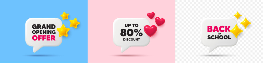 Discount tag chat speech bubble. 3d stars, sparkles, hearts chat bubbles. Up to 80 percent discount. Sale offer price sign. Special offer symbol. Save 80 percentages. Vector