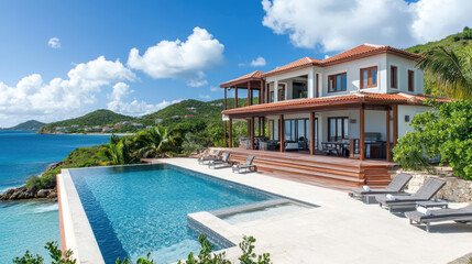 Fototapeta premium Luxury Villa Overlooking Ocean: A stunning luxury villa with a private infinity pool, expansive deck, and breathtaking ocean views. The villa boasts a modern design with elegant architecture.