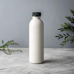 Plain White Aluminum Water Bottle with Black Cap on Minimal Gray Background,Minimalist image of a...
