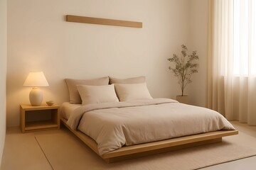 Minimalist Japandi Style Bedroom Interior with Low Platform Bed, Wooden Furniture, Linen Textiles, and Neutral Tones