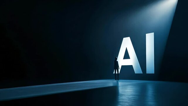 AI sign on dark background saman walking slowly towards it