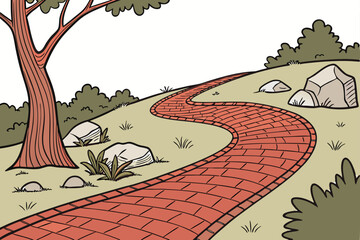 75 red gravel path, winding road, curved path, pebble pathway, inviting journey, scenic landscape, tranquil atmosphere, natural elements, outdoor setting, captivating perspective