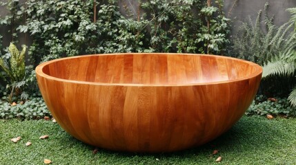 Fototapeta premium Large Round Wooden Bowl in Lush Green Garden Surrounded by Verdant Plants and Natural Elements