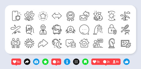 Star, Music app and Fishing rod line icons pack. Social media: share, comment, like icons. Fish grill, Spinach, Vacancy web icon. Puzzle, Fingerprint lock, Sync pictogram. Vector