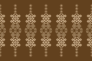 Fabric pattern traditional ethnic motif ikat geometric cross stitch.Ikat embroidery Ethnic oriental Pixel brown color label background. Abstract,vector. Texture,decoration,wallpaper.
