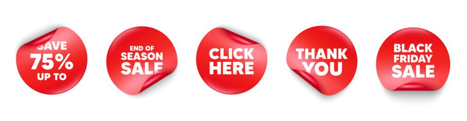 Discount sticker tag. Season sale, Black friday paper price banners. Save up to 75 percent. Discount Sale offer price sign. Special offer symbol. Thank you sticker. Vector