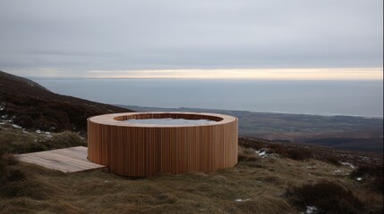 Naklejka premium Outdoor Wooden Hot Tub Overlooking Scenic Ocean View in a Serene Natural Landscape