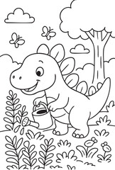 Fototapeta premium Cute Cartoon Dinosaurs in Prehistoric Landscape for Coloring Book