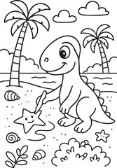 Cute Cartoon Dinosaurs in Prehistoric Landscape for Coloring Book